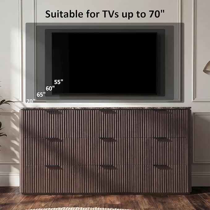 Dresser for Bedroom with 9 Drawers, 63"W Chest of Drawers, Fluted Dresser with Faux Marble Top, Curved Profile Design, Metal Handle, Wood Closet Storage Organizer for Living Room, Hallway, Dark Oak