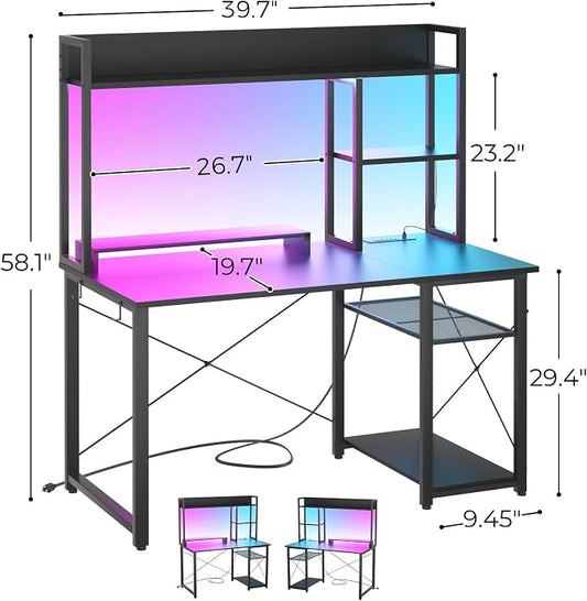 Cyclysio Gaming Desk with Hutch, 39'' Computer Desk with LED Lights & Power Outlets, Home Office Desk with Reversible 5 Tiers Storage Shelves & Monitor Stand, Small Gaming Table for Small Space, Black