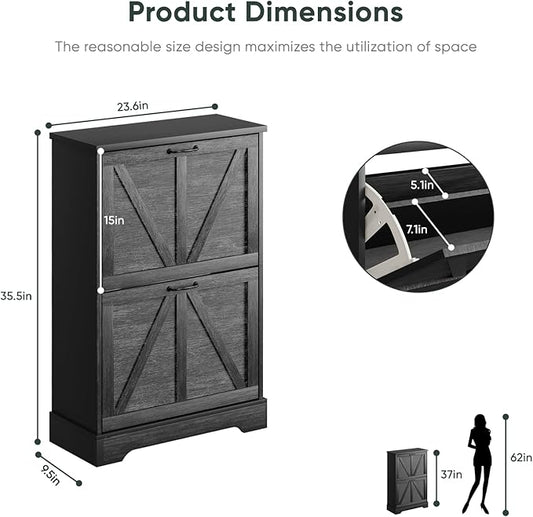 Smart FENDEE Shoe Cabinet, Shoe Storage Cabinet for Entryway with 2 Flip Drawers, Narrow Farmhouse Shoe Organizer Cabinet, Slim Shoe Rack Cabinet, 23.6in Black