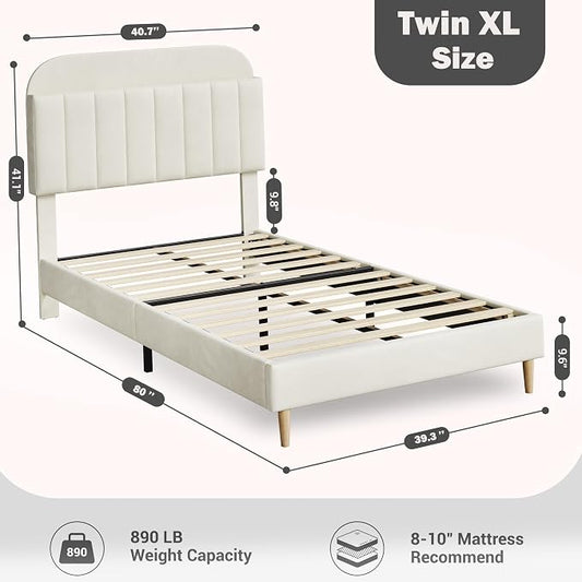 IDEALHOUSE Twin XL Bed Frames, Upholstered Platform Bed Frame with Bookcase Headboard, Velvet Platform Bed Mattress Foundation, Heavy Duty Steel Support Legs, Easy Assembly, Noise Free, Cream White