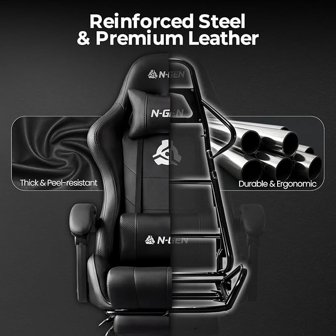 N-GEN GAMING Video Gaming Chair with Footrest Lumbar Support for Home Office High Back Recliner Height Adjustable Ergonomic Comfy Leather Computer Desk Chair (Black)