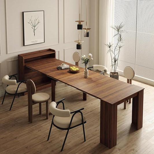 Transformer Folding Console Table for 10-12 People, Extendable Dining Table, Space Saving Dining Room Table for Apartments & Homes, Modern Walnut