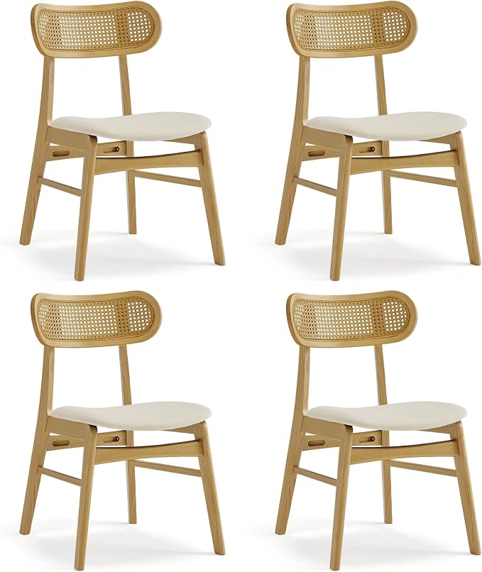 KISLOT Rattan Dining Chairs Set of 4, Upholstered Modern Dining Room Chairs, Mid Century Oak Wood Kitchen Chairs with Rattan Backrest for Farmhouse, Restaurant, Cafรฉ (Cream Fabric & Original Color)
