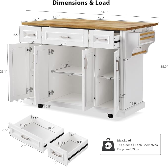 Large Kitchen Island with Rubber Wood Drop Leaf, Rolling Kitchen Cart with Ample Storage on Wheels with Doors and Drawers, Embossed Texture for Dining Room (54Inch, White, Silver Handle)