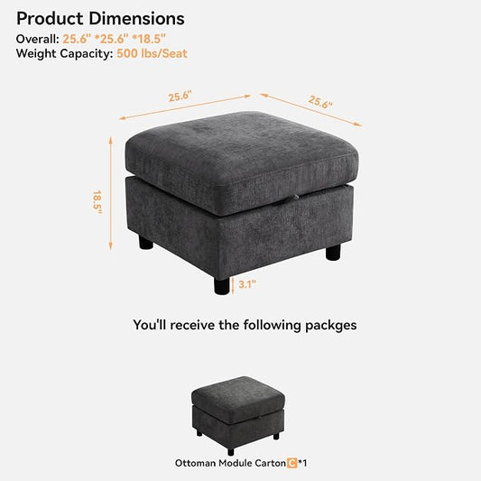 WUTUTUEE 25" Square Storage Ottoman for Modular Couch, Convertible Footrest with Hidden Compartment, Chenille Upholstered Coffee Table & Extra Living Room Seating, Dark Grey