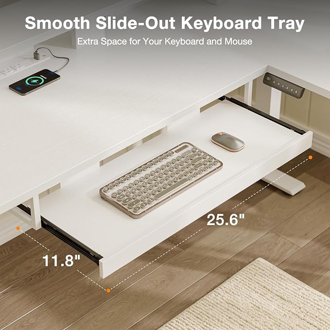 Casaottima 59 Inch Electric L-Shaped Standing Desk with Drawers, Height Adjustable Stand Up Corner Desk with Monitor Stand & Keyboard Tray, Lift Table for Home Office, Workstation, White