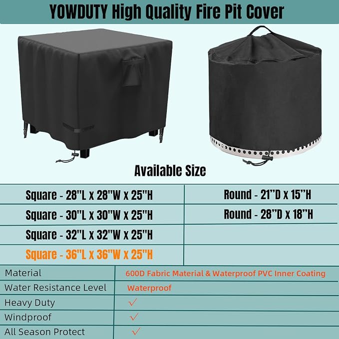 Propane Fire Pit Cover Square 36x36x25 Inch, Waterproof Heavy Duty 600D Patio Gas Fire Table Cover 36 Inch, Fit 34/35/36 Inch Firepit Table, All-weather Protection For Outdoor Fireplace