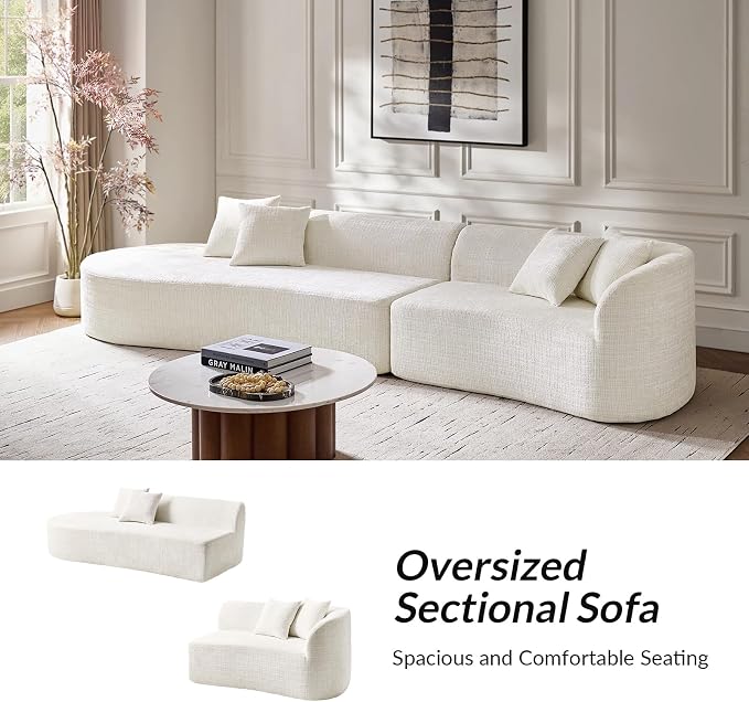 141.75" Modern Curved Compressed Sofa, All-Foam Cloud Couches with 4 Pillows, No Assembly Required Boneless Sectional Sofas, Large Floor Couch for Living Room, Ivory