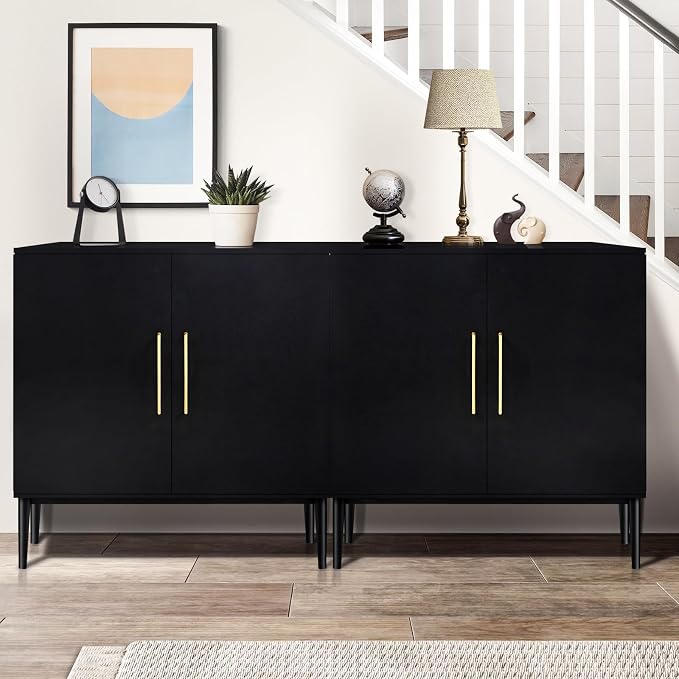 Set of 3 Black Storage Cabinet with Doors, Modern Accent Cabinet, Free Standing Cabinet with Adjustable Shelf, Wooden Buffet Sideboards for Living Room, Kitchen, Dining Room, Entryway