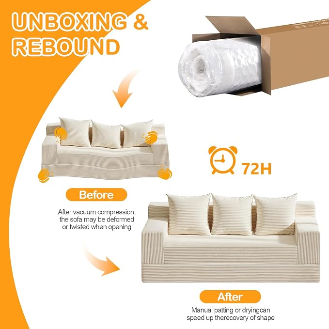 Erament Convertible Futon Sofa Bed Couch, 78'' Corduroy Folding Sofas Bed, Compression Boneless Floor Couch Sofa Beds with 3 Pillows for Living Room Bedroom Apartment