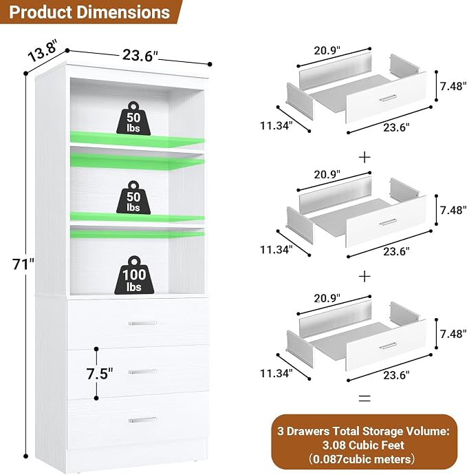 Aheaplus 47.2" Closet Drawers System, 3.94FT Wood Closet Organizer System with 6 Drawers, Modular Small Walk-in Closets Storage Unit, Set of 2, White (47.2" L x 13.8" W x 71" H)