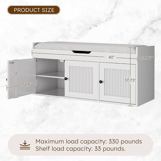 40" Storage Bench - Entryway Shoe Bench with 3 Doors and Top Storage Area, Multifunctional Entryway Bench with Lift Top Cushion, Shoe Storage Bench for Bedroom, Living Room, White