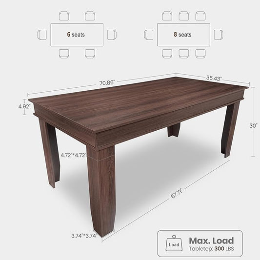GarveeHome Farmhouse Dining Table for 6-8 People, 71 in Long Kitchen Tables with Wooden Sturdy Frame, 6 ft Large Rectangular Dinner Table for Dining Room, Kitchen (Brown, 71" Non-extendable)