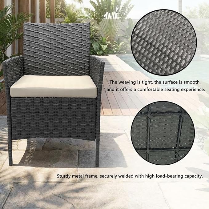 3PCS Outdoor Patio Bistro Set, PE Wicker Armchairs with Coffee Table, Beige