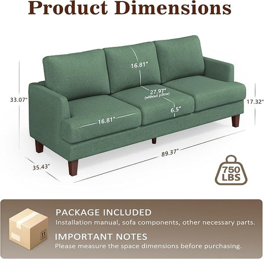 Gericco Mid Century Modern Couches for Living Room, 89" Comfy Green Couch Sofa with 3-Seater Deep Seats, Upholstered Sofas for Living Room, Office Apartment, Bedroom