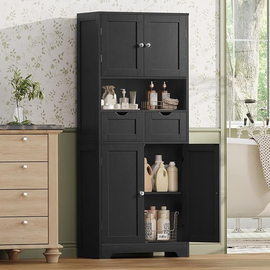 Iwell 57.8" H Tall Storage Cabinet with 2 Drawers & 2 Adjustable Shelves, Kitchen Cabinet with 4 Doors, Tall Cabinet for Living Room, Dining Room, Entryway, Black