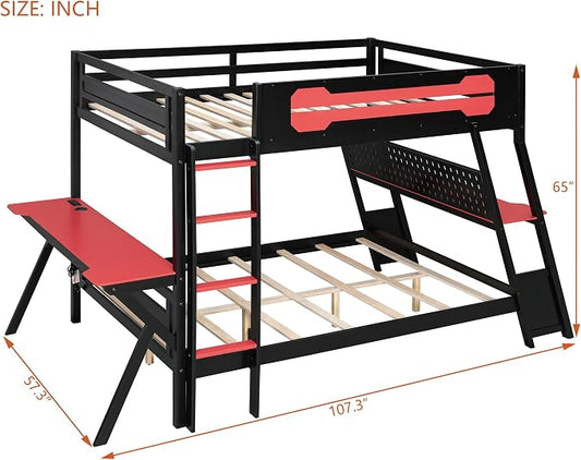 Merax Wooden Full Over Full Bunk Bed with 2 Side Desks, USB Desktop Ports and Pegboard Organizer, Gaming Bunk Bed for Gamer, Kids or Teens, No Box Spring Needed, Red