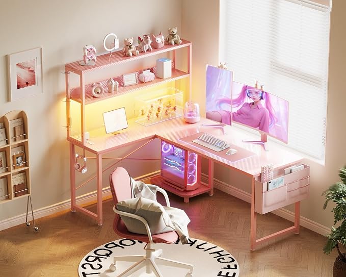 AODK L Shaped Desk Gaming Desk with LED Light & Power Outlet, 53 Inch Reversible L Shaped Computer Table with Shelf & Storage Bag & Hook for Home Office, Pink