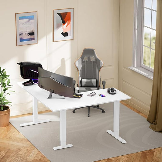 ErGear L Shaped Standing Desk, 63"x55" Electric Adjustable Height Sit Stand up Desk, Ergonomic Large Computer Table, Left & Right Interchangeable Installation, Suitable for Home Office, White