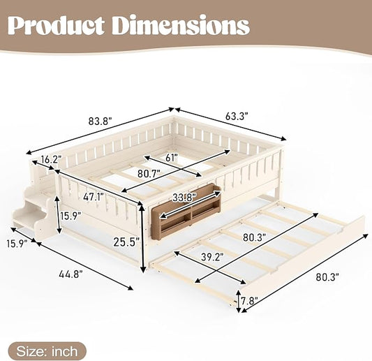 Bellemave Queen Kids Montessori Bed with Stairs, Bookshelf and Trundle, Solid Wood Kids Bed Frame with Storage for Boys Girls, Low Profile,Beige