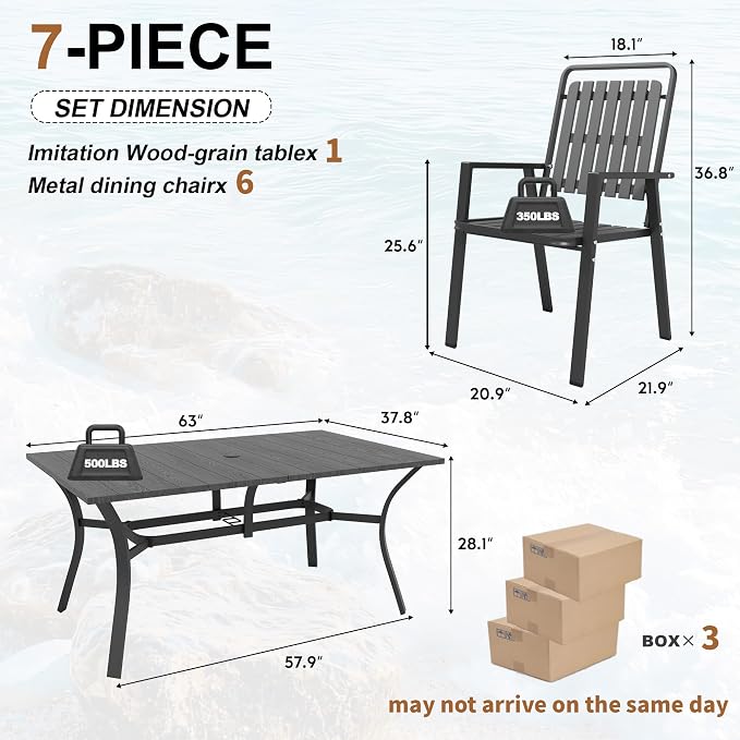 Outdoor Dining Set for 6, Patio Table and Chairs Set with 1.97'' Umbrella Hole, 7pcs Patio Furniture Set 63”x37.8” Black Dining Table Set for Porch Deck Backyard Pool