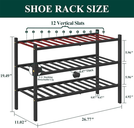 Smiry Bamboo Shoe Rack, 3 Tier Free Standing Wooden Shoe Organizer, Stackable Wood Shoe Storage Shelf for Closet, Entryway, 12 Vertical Slats, 2+1 Stack Standard Legs, 26.8"x11"x19.5", Black