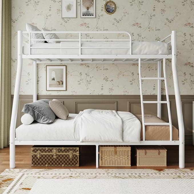 Metal Twin Over Full Bunk Bed丨 Bunk Beds Twin Over Full Size with Ladder | Heavy Duty Bunk Bed for Adults, Metal Bunk Bed for Dorm, Bedroom, Apartment, 440 lbs Capacity,No Box Spring Needed (White)