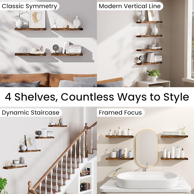 BAYKA Floating Shelves for Wall, 15.7in Wall Mounted Rustic Wood Shelves for Bathroom, Bedroom, Living Room, Kitchen, Hanging Shelf for Storage/Room Decor with 22lbs Capacity (Rustic Brown, Set of 4)