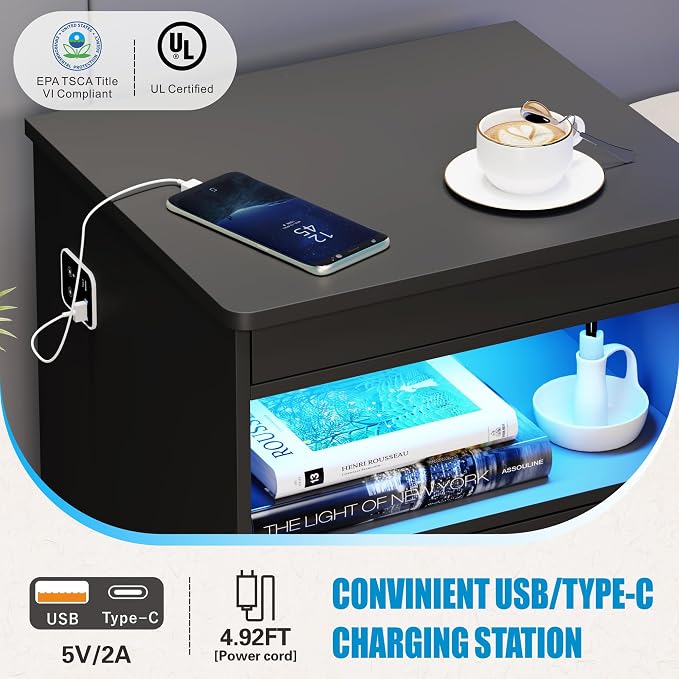 Nightstand with Gun Drawer, Charging Bedside Table with USB-A & Quick-Charge Type-C Port, LED Night Stand with Soft Glow Human Sensor Light, Modern End Table with Drawers for Bedroom Office, Black
