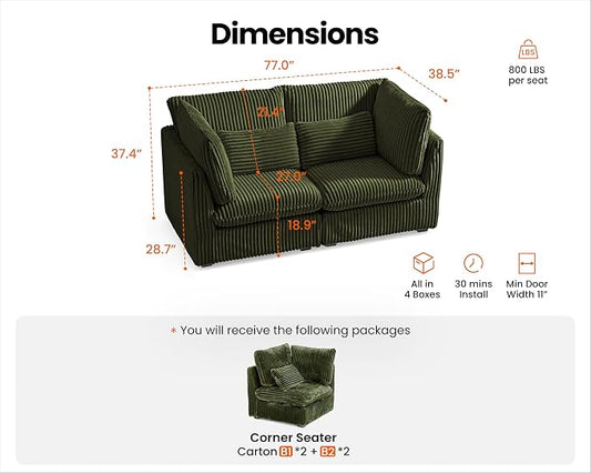 77" Oversized Corduroy Couch Modular Sectional Sofa, Washable Cloud Couch Sectional, 2 Seater Sectional Couches for Living Room, Fully Cover Removable, Loveseat Sofa, Corduroy, Green