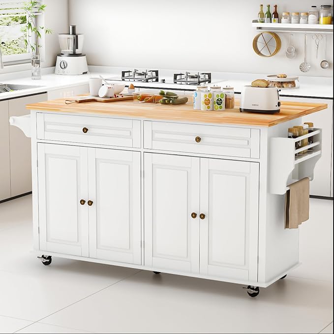 67 Kitchen Island Cart with Drop Leaf Breakfast Bar, Rolling Mobile Kitchen Island Table on Wheels with Storage Cabinet, Drawer, Spice/Towel Rack, White