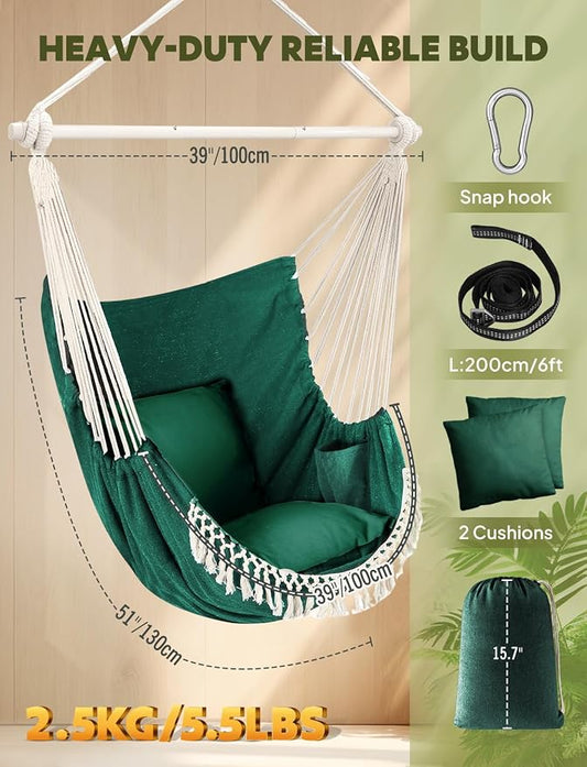 Chihee Hammock Chair Hanging Swing Max 500 Lbs 2 Cushions Included Metal Spreader Bar with Anti-Slip Grooves Portable Hanging Chair Side Pocket Large Macrame Bohemian Chair Indoor Outdoor