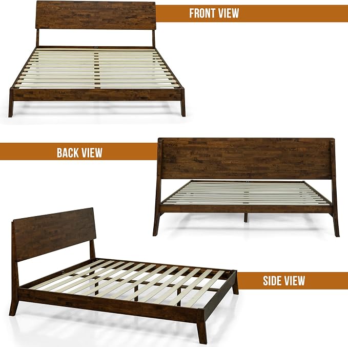 Acacia Serenity Queen Bed Frame with Headboard Natural Wood Bed, Scandinavian Signature High Headboard Compatible with All Mattress Types, 30 Mins Assembly Wood Slats Support Bedroom Furniture, Walnut