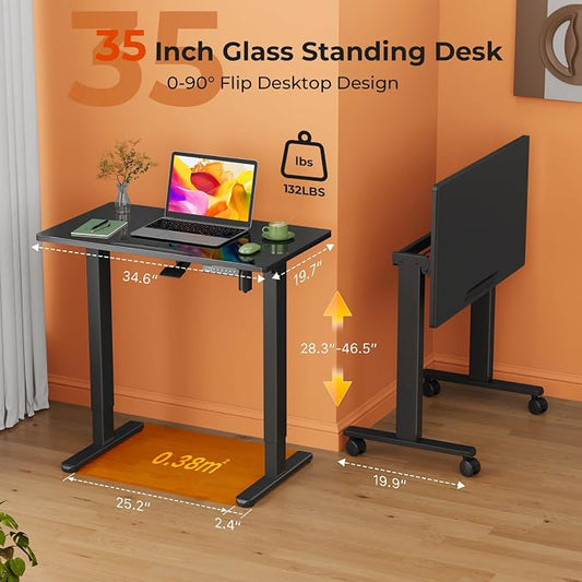 35" Black Glass Standing Desk, 90° Tilt Drafting Table on Wheels | Electric Height Adjustable Foldable One-piece Art Rising Desk, Small Mobile Sit Stand Laptop Cart with 4 Lockable Casters