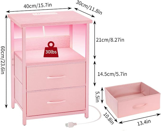 Fixwal Night Stand with Charging Station, LED Nightstand with U-S-B Ports and Outlets, 2 Fabric Storage Drawers with PU Finish, Small Bedside Table, Pink