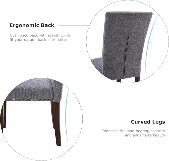 COLAMY Upholstered Parsons Dining Chairs Set of 2, Fabric Dining Room Kitchen Side Chair with Nailhead Trim and Wood Legs - Dark Grey