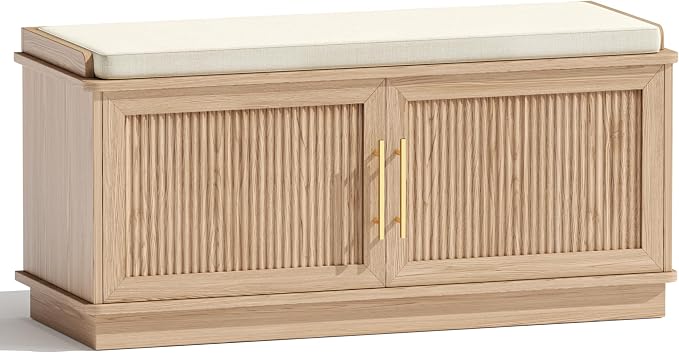 Akxomel Fluted Shoe Storage Bench with Cushion, 39.4" Entryway Bench with Adjustable Shelves and 2 Doors, Shoe Cabinet Bench with Curved Profile, for Hallway, Living Room, Bedroom, Natural Oak