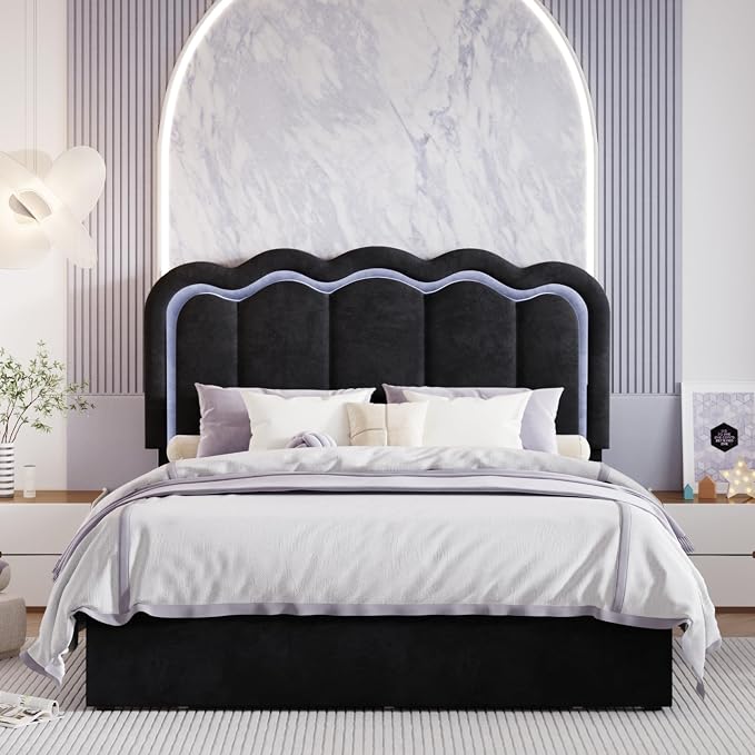SHA CERLIN Upholstered Queen Size Bed Frame with LED Lights and Large Storage Drawer, Velvet Platform Bed with Adjustable Wavy Headboard, Noise Free, Easy Assembly, No Box Spring Needed, Soft Black