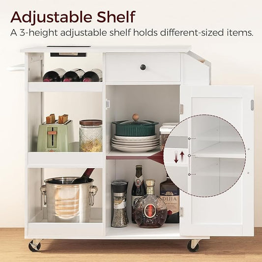 MAHANCRIS Kitchen Island with Power Outlet, Kitchen Storage Island with Drawer, Rolling Kitchen Cart on Wheels, Spice Rack, Towel Rack, Wine Rack, for Dining Room, White KIWT122E01