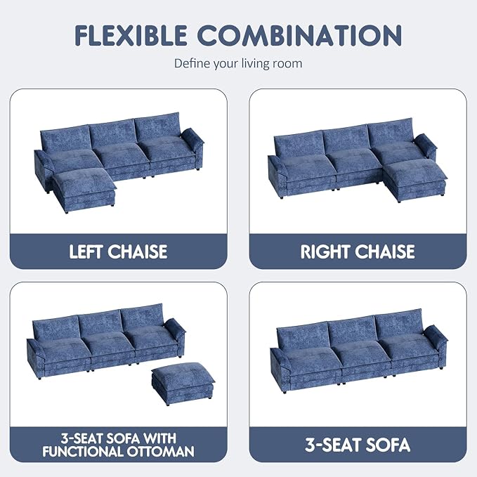Homall 119" Modular Sectional Sofa, L Shaped Sofa Couch with Reversible Ottoman, DIY Combination Chenille Deep 3-Seat Cloud Couch for Living Room, Apartment (Dark Blue, L Shaped Sofa)