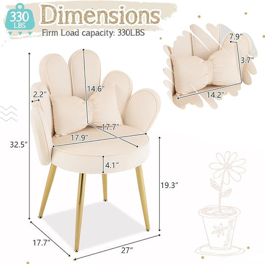 VINGLI Petal Makeup Vanity Chair with Back,Flower Cute Girls Desk Chair Comfy No Wheels,Modern Dining Chair,Small Accent Chair with Adustable Gold Legs&Bow Pillow for Home Office,Bedroom,Velvet,Beige