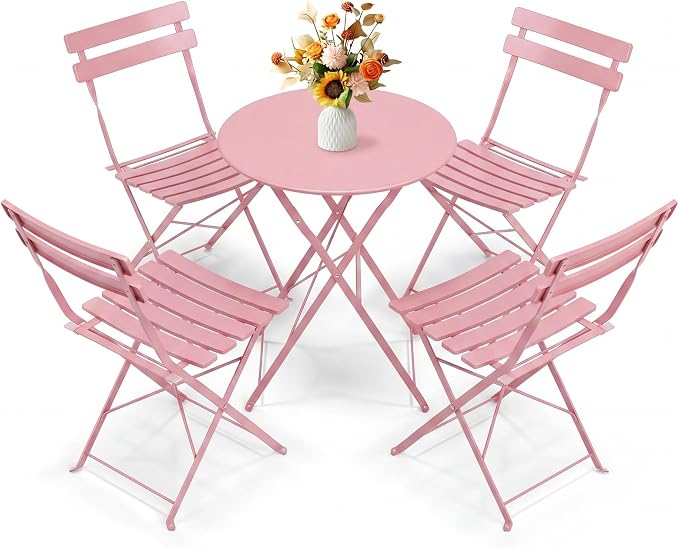 Bistro Table and Chairs Set of 4, 5 Piece Outdoor/Indoor Folding Patio Bistro Sets, 4 Chair Patio Furniture Set with Table, Premium Frame Foldable Coffee Tables for Balcony, Yard, Garden, Pink