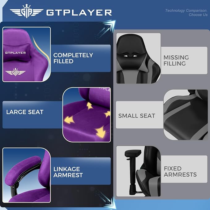 GTPLAYER Gaming Chair Fabric with Pocket Spring Cushion, High Back Ergonomic Computer Chair with Footrest for Adults Lumbar Support Swivel Game Chair for Office Gaming 350LBS, Dark Purple