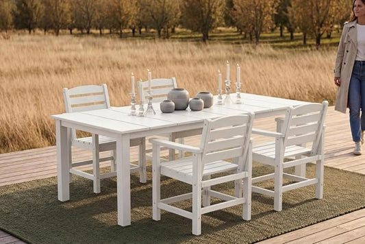 Perli™ 5-Piece Outdoor Dining Set, All-Weather HDPE Patio Furniture with 4 Armrest Chairs and Rectangular Table, UV-Resistant 4-Person Set for Deck, Backyard, White