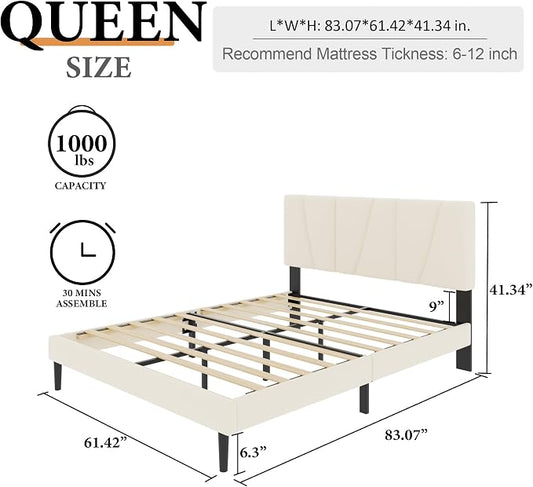 Sismplly Queen Size Platform Bed Frame with Upholstered Headboard, Wooden Slats Support, Noise Free, No Box Spring Needed, Easy Assembly, Beige, Velvet