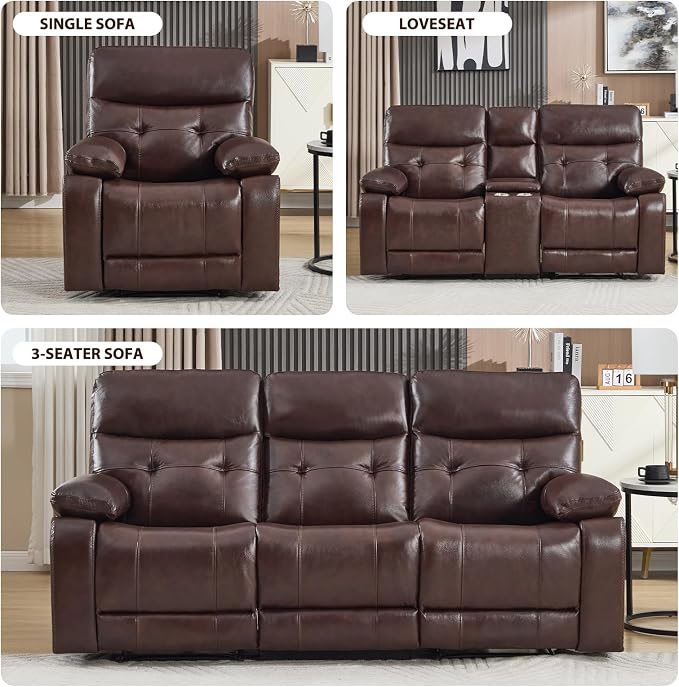 CANMOV Genuine Leather Power Recliner Loveseat, 2 Seat Loveseat Reclining Sofa with Storage Console,Hidden Cup Holders,Modern Electric Recliner Couch Set for Living Room, Bedroom,Dark Brown