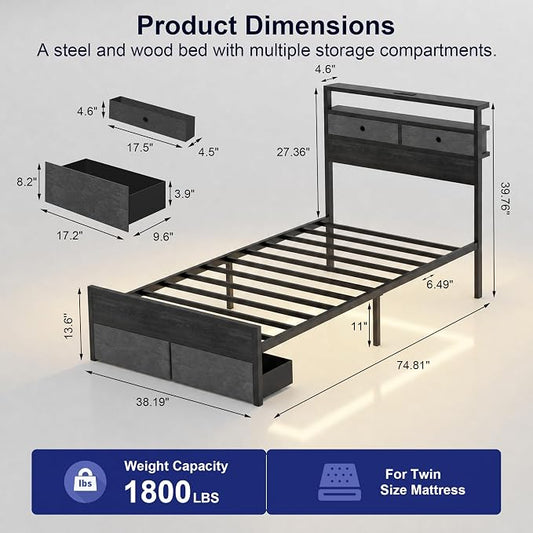 Twin Bed Frames with LED Lights and Charging Station, Platform Bed with Metal Slats, Wood Headboard with 2 Fabric Drawers and Storage Shelves, No Box Spring Needed