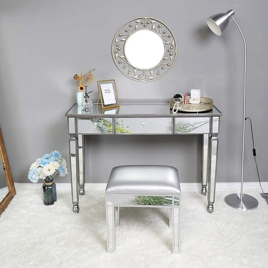 VINGLI Mirrored Vanity Desk with 3 Drawers, Modern Console/Sofa/Makeup Desk for Bedroom/Living Room/Entryway, Silver