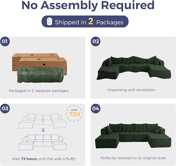 MAXYOYO 129.5" Modular Sectional Sofa Couch, U Shaped Modern Cloud Couch, Sofa in A Box, Tufted 6-Seat Boneless Lounger for Living Room, No Assembly Required, Dark Green