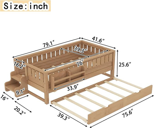 Bellemave Twin Kids Montessori Bed with Stairs, Bookshelf and Trundle, Solid Wood Kids Bed Frame with Storage for Boys Girls, Low Profile,Natural